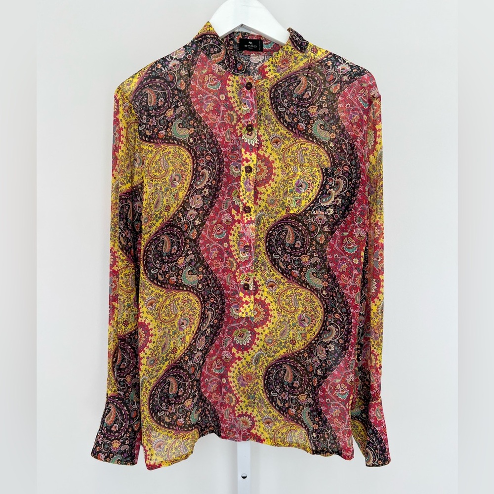 ETRO BLACK RED YELLOW MULTI SILK TOP SIZE IT 46 / US 12 NWOTS!